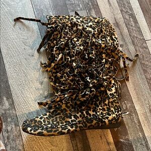Mudd Leopard Print Ankle Boots with Fringe